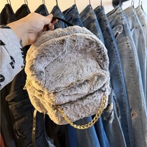 Gray Faux Fur Women Bag with Gold Chain